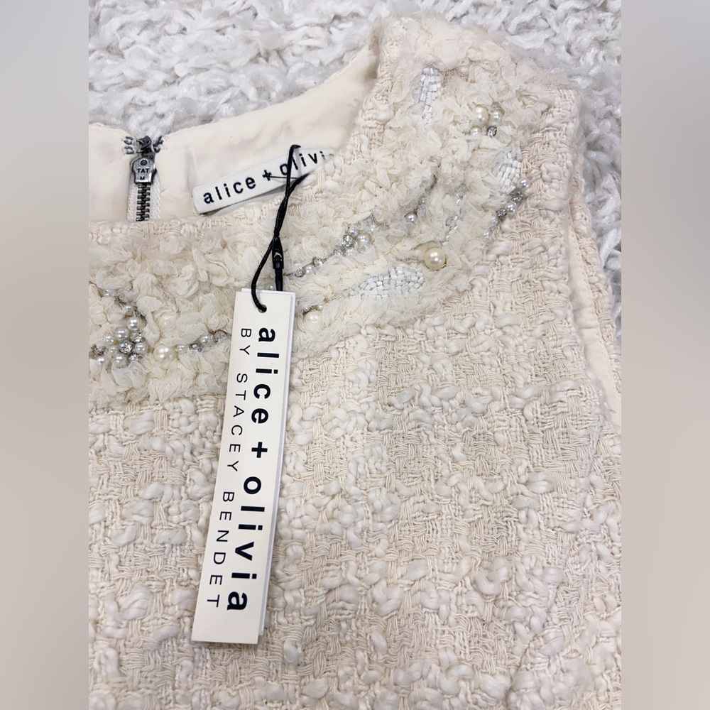 NWT Alice + Olivia Haven Embellished Ivory Tweed Dress - Picture 6 of 12